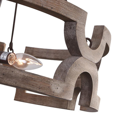 Rustic Wood Drum Pendant Chandelier, 3-Light, Aged Iron Finish, Adjustable Chain