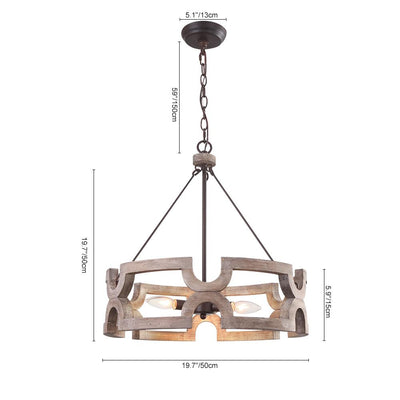 Rustic Wood Drum Pendant Chandelier, 3-Light, Aged Iron Finish, Adjustable Chain