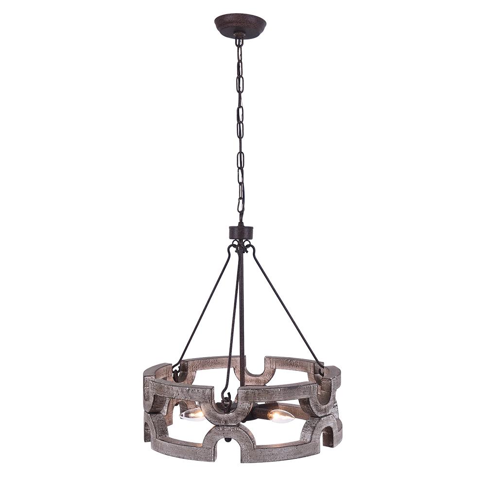 Rustic Wood Drum Pendant Chandelier, 3-Light, Aged Iron Finish, Adjustable Chain