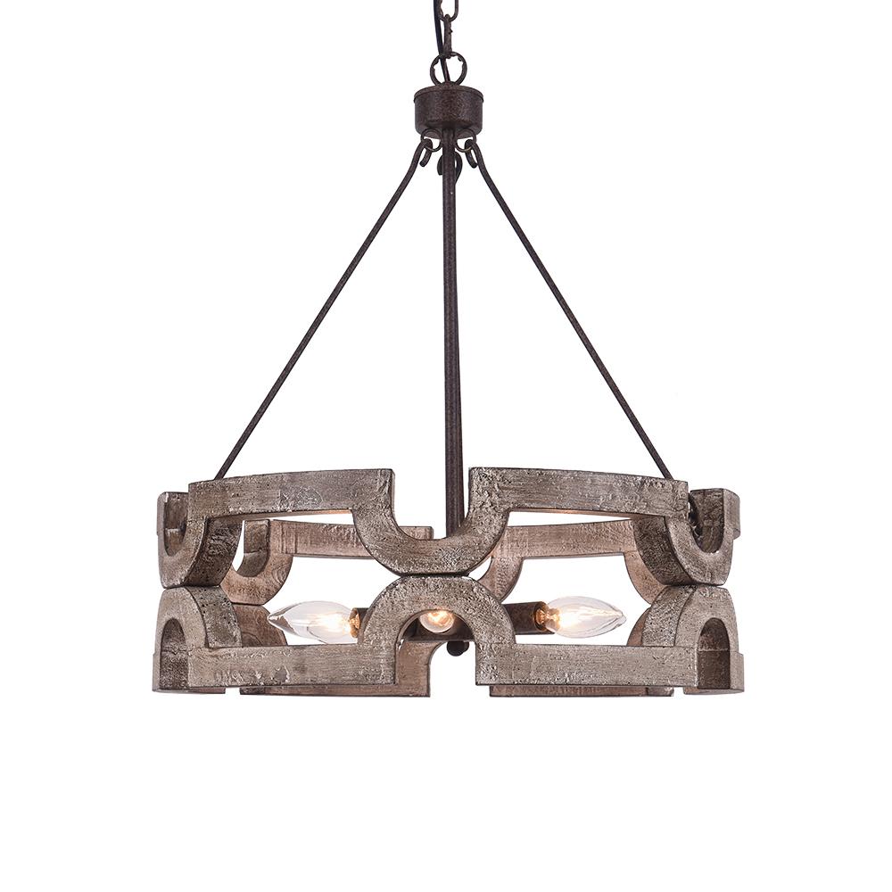Rustic Wood Drum Pendant Chandelier, 3-Light, Aged Iron Finish, Adjustable Chain