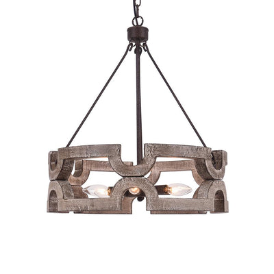 Rustic Wood Drum Pendant Chandelier, 3-Light, Aged Iron Finish, Adjustable Chain