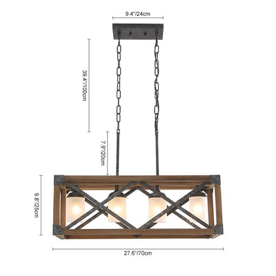 4-Light Farmhouse Industrial Wood Metal Rectangle Cage Kitchen Island Pendant Light