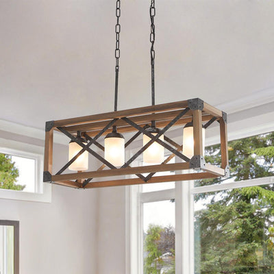 4-Light Farmhouse Industrial Wood Metal Rectangle Cage Kitchen Island Pendant Light