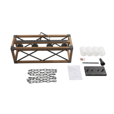 4-Light Farmhouse Industrial Wood Metal Rectangle Cage Kitchen Island Pendant Light