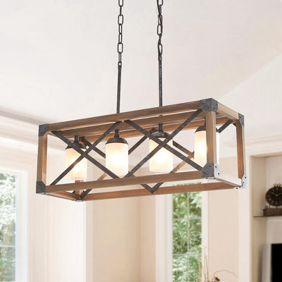 4-Light Farmhouse Industrial Wood Metal Rectangle Cage Kitchen Island Pendant Light