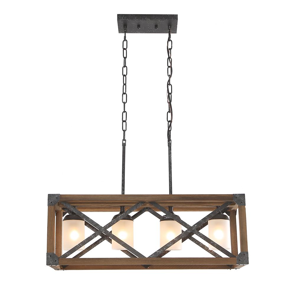 4-Light Farmhouse Industrial Wood Metal Rectangle Cage Kitchen Island Pendant Light