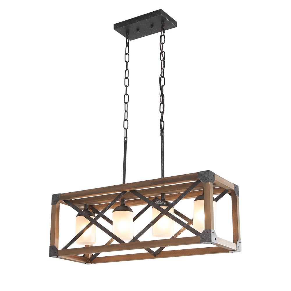 4-Light Farmhouse Industrial Wood Metal Rectangle Cage Kitchen Island Pendant Light