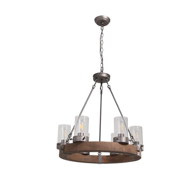 6-Light Rustic Farmhouse Wagon Wheel Chandelier with Wood and Glass