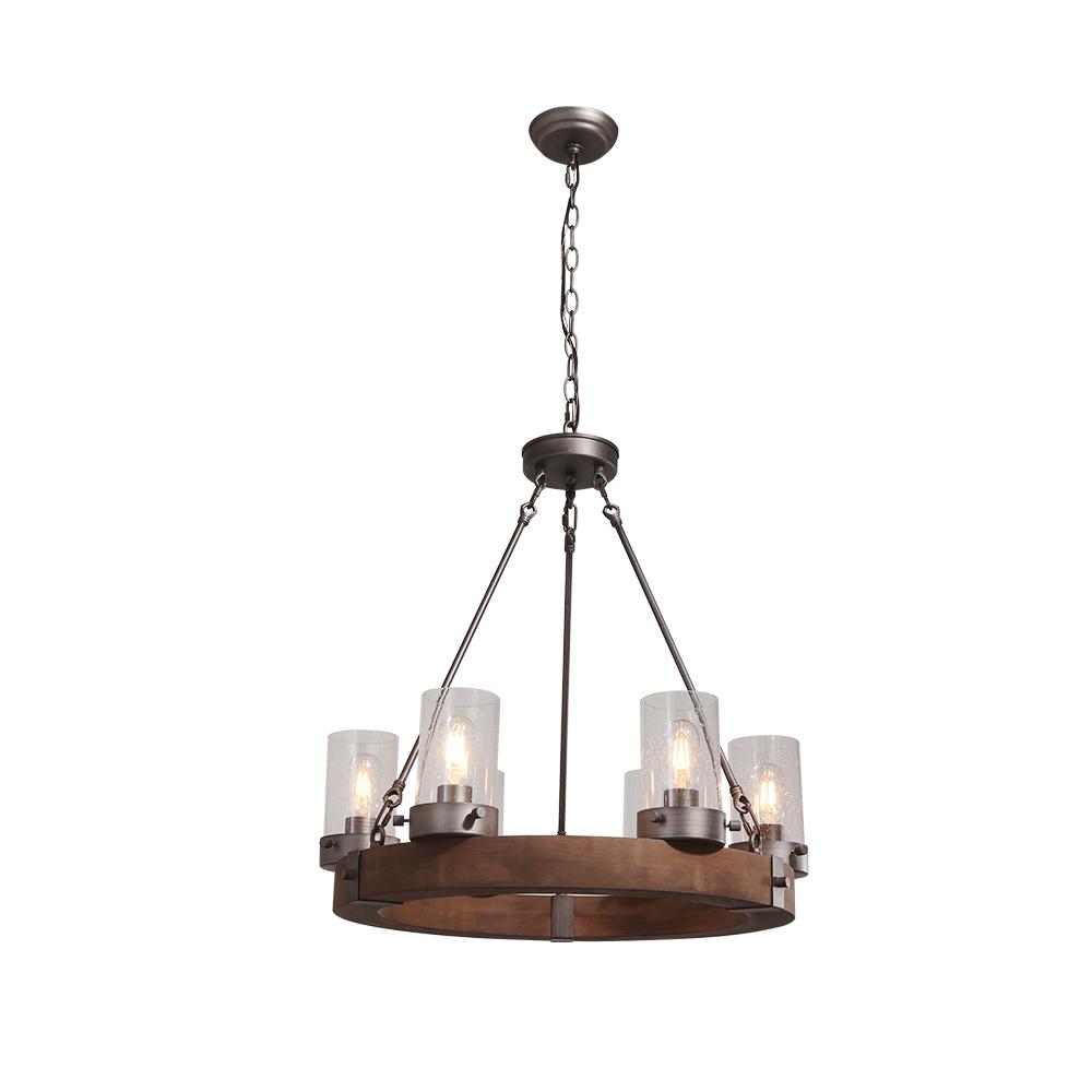 6-Light Rustic Farmhouse Wagon Wheel Chandelier with Wood and Glass
