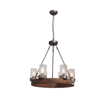 6-Light Rustic Farmhouse Wagon Wheel Chandelier with Wood and Glass
