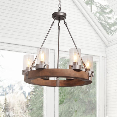 6-Light Rustic Farmhouse Wagon Wheel Chandelier with Wood and Glass