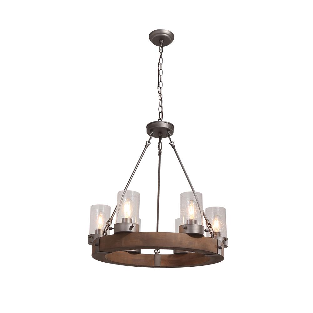 6-Light Rustic Farmhouse Wagon Wheel Chandelier with Wood and Glass