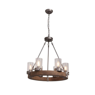6-Light Rustic Farmhouse Wagon Wheel Chandelier with Wood and Glass