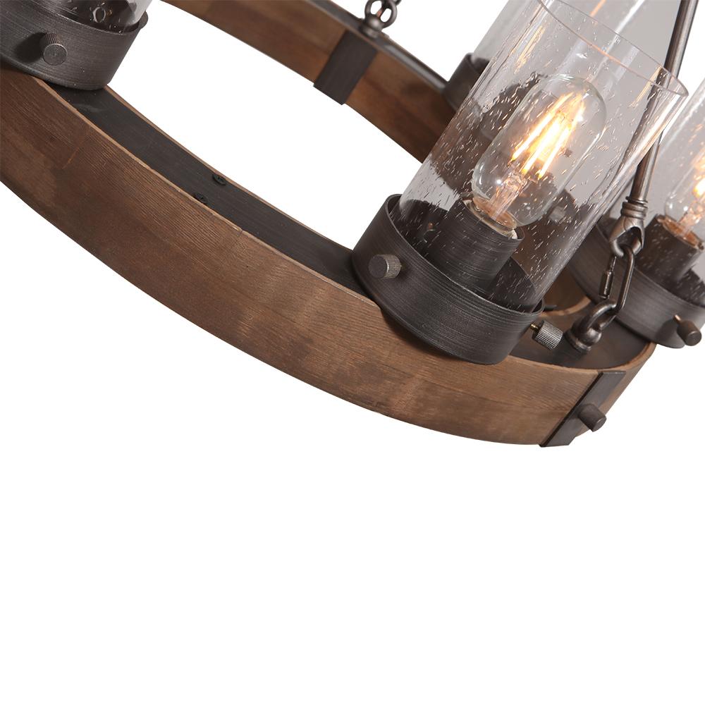 6-Light Rustic Farmhouse Wagon Wheel Chandelier with Wood and Glass