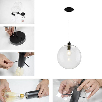 Contemporary Clear Glass Globe Pendant Light, Adjustable Black Finish, E26/E27 Socket