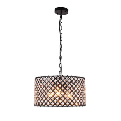 Mid Century 3-Light Drum Pendant Lighting with Crystal Accents, Adjustable Black Finish
