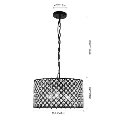 Mid Century 3-Light Drum Pendant Lighting with Crystal Accents, Adjustable Black Finish