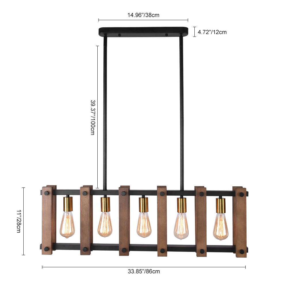 Contemporary Industrial Wood Linear Pendant Light, Five Bulb Kitchen Island Fixture