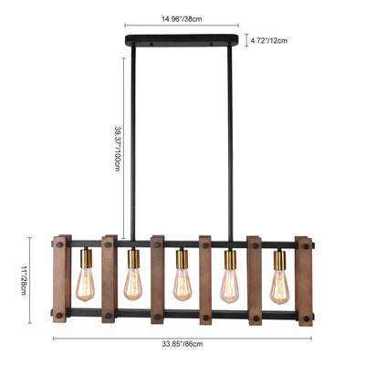 Contemporary Industrial Wood Linear Pendant Light, Five Bulb Kitchen Island Fixture