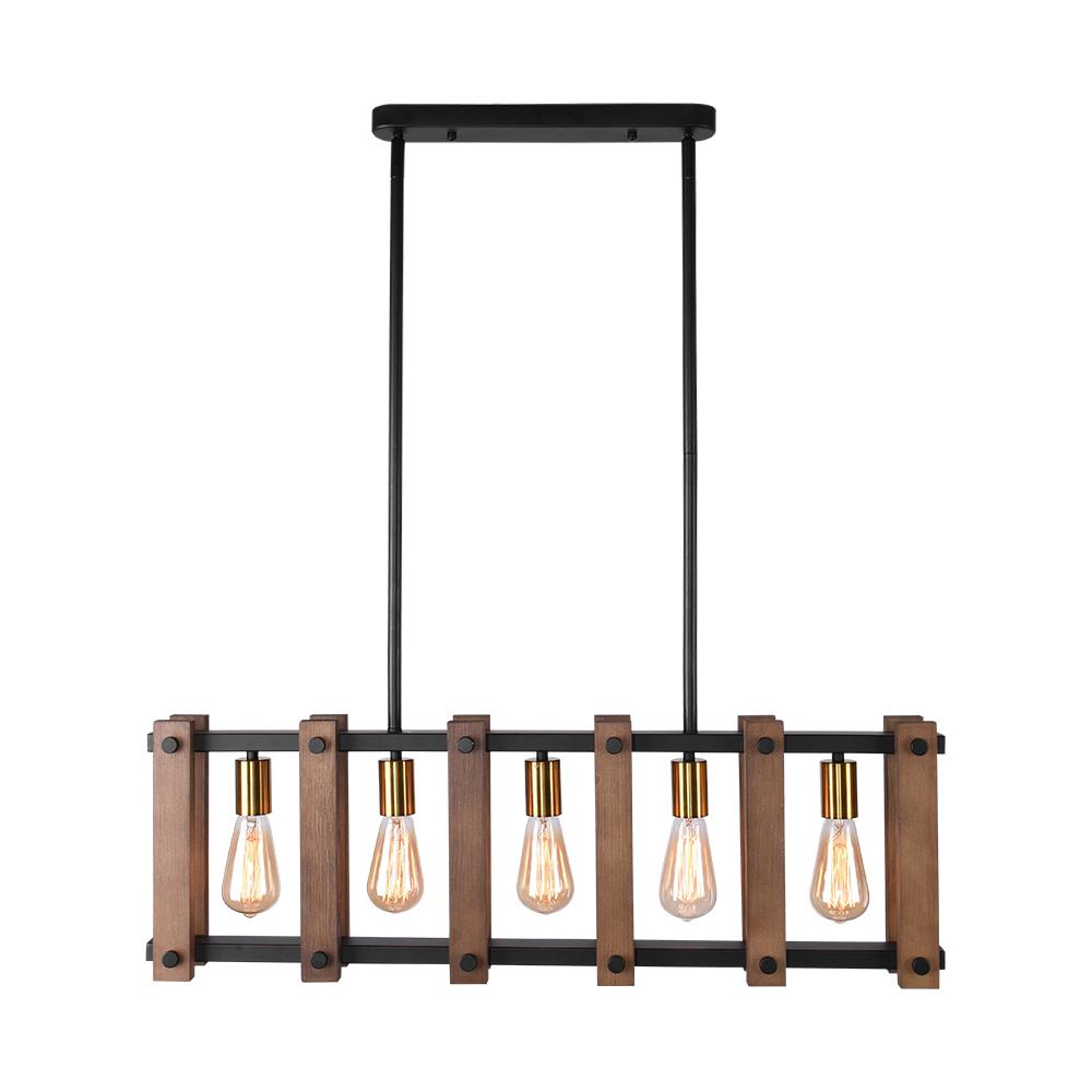 Contemporary Industrial Wood Linear Pendant Light, Five Bulb Kitchen Island Fixture