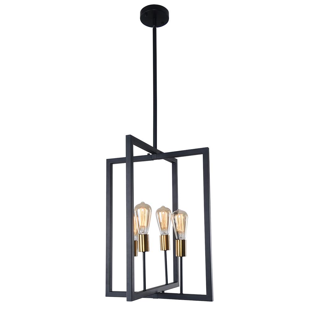 Modern Square Metal Linear Pendant Lighting Fixture, Black Finish, 4-Light E26