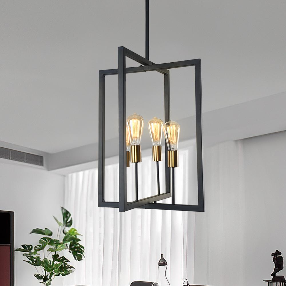 Modern Square Metal Linear Pendant Lighting Fixture, Black Finish, 4-Light E26