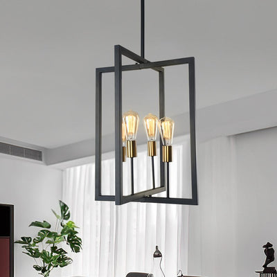 Modern Square Metal Linear Pendant Lighting Fixture, Black Finish, 4-Light E26