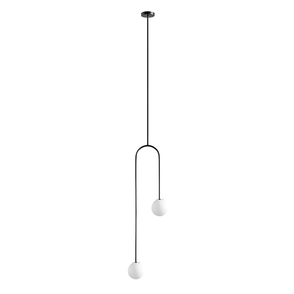2-Light Mid-Century Modern Hanging Glass Globe Pendant Fixture Brass Black