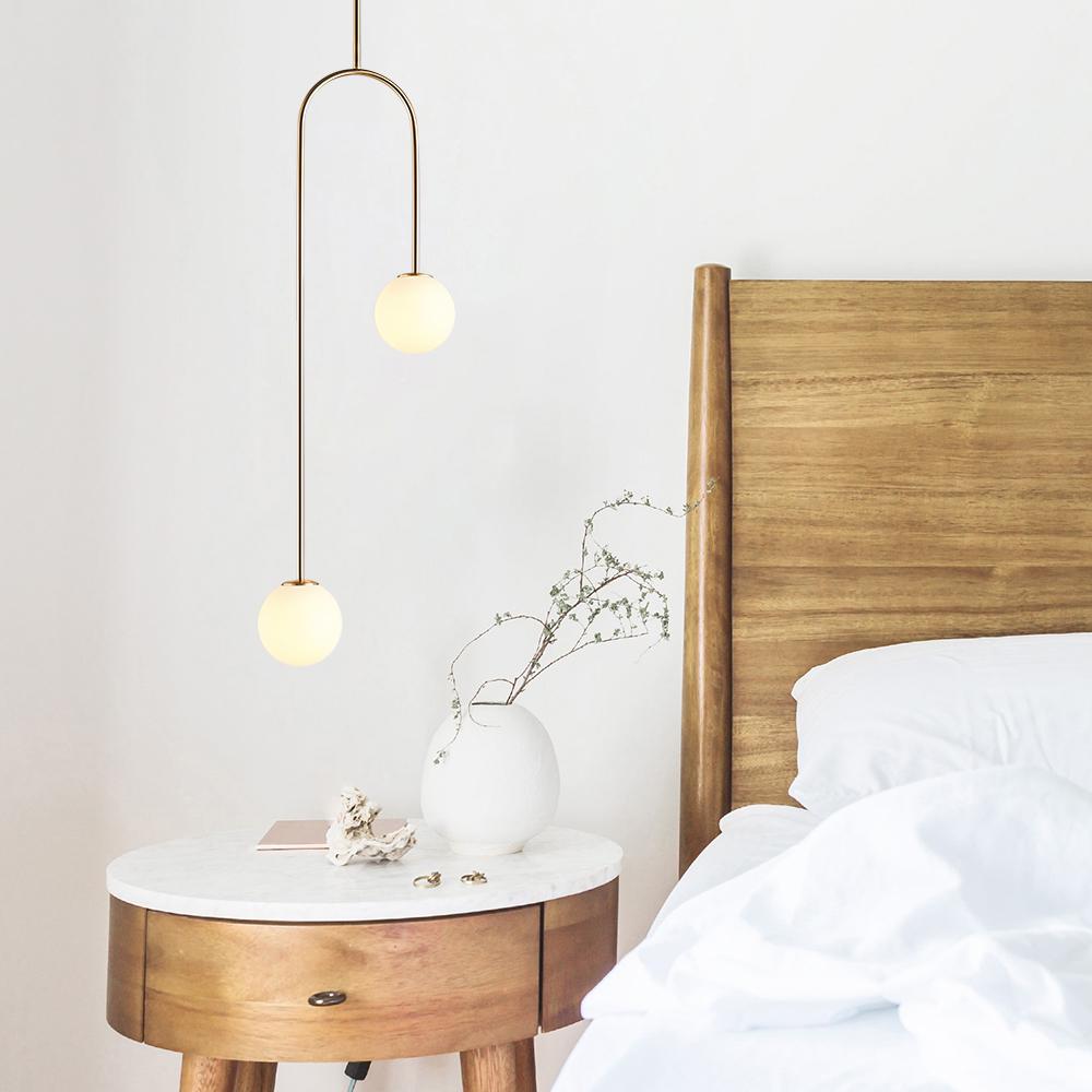 2-Light Mid-Century Modern Hanging Glass Globe Pendant Fixture Brass Black
