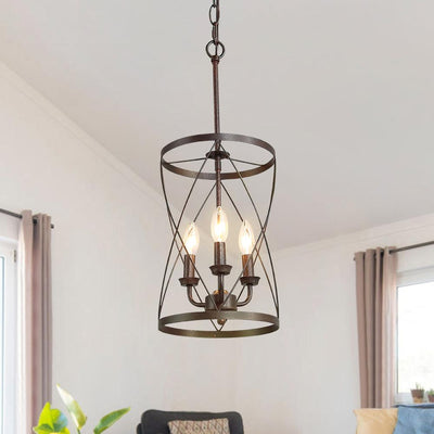 Rustic Black Drum Pendant Chandelier, 3-Light Farmhouse Industrial Ceiling Fixture