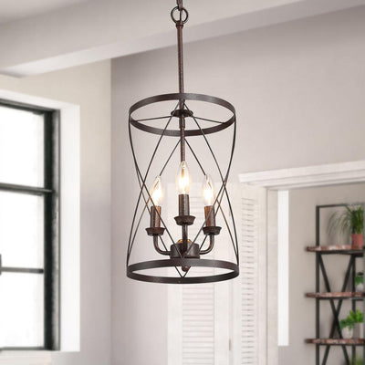 Rustic Black Drum Pendant Chandelier, 3-Light Farmhouse Industrial Ceiling Fixture