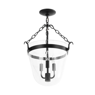 3-Light Country Clear Urn Glass Lantern Pendant, Dimmable, Height-Adjustable, Black Finish