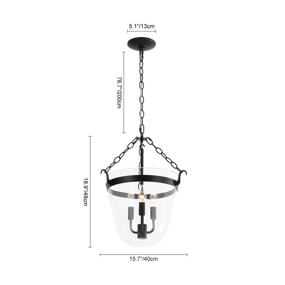 3-Light Country Clear Urn Glass Lantern Pendant, Dimmable, Height-Adjustable, Black Finish