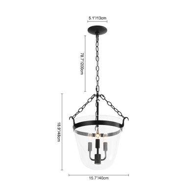 3-Light Country Clear Urn Glass Lantern Pendant, Dimmable, Height-Adjustable, Black Finish