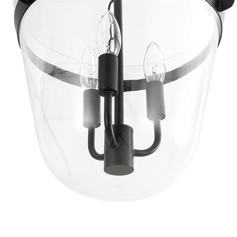 3-Light Country Clear Urn Glass Lantern Pendant, Dimmable, Height-Adjustable, Black Finish