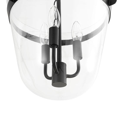 3-Light Country Clear Urn Glass Lantern Pendant, Dimmable, Height-Adjustable, Black Finish