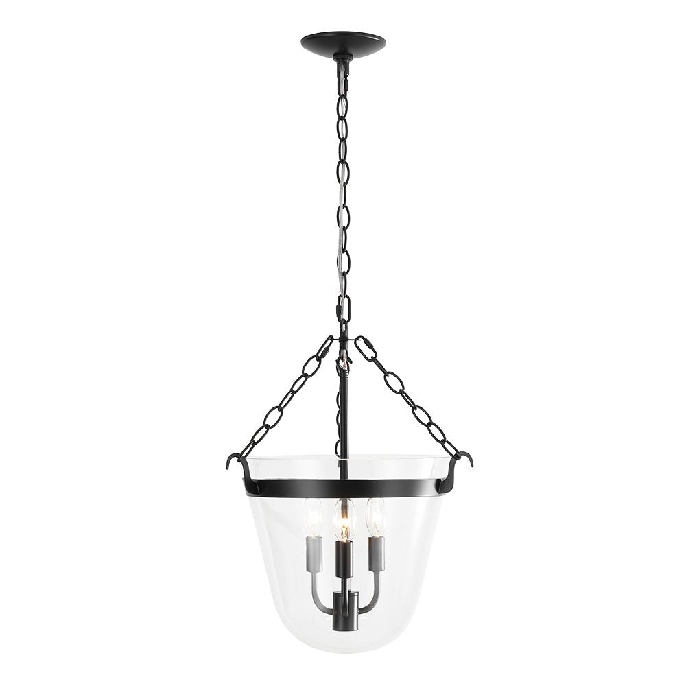 3-Light Country Clear Urn Glass Lantern Pendant, Dimmable, Height-Adjustable, Black Finish