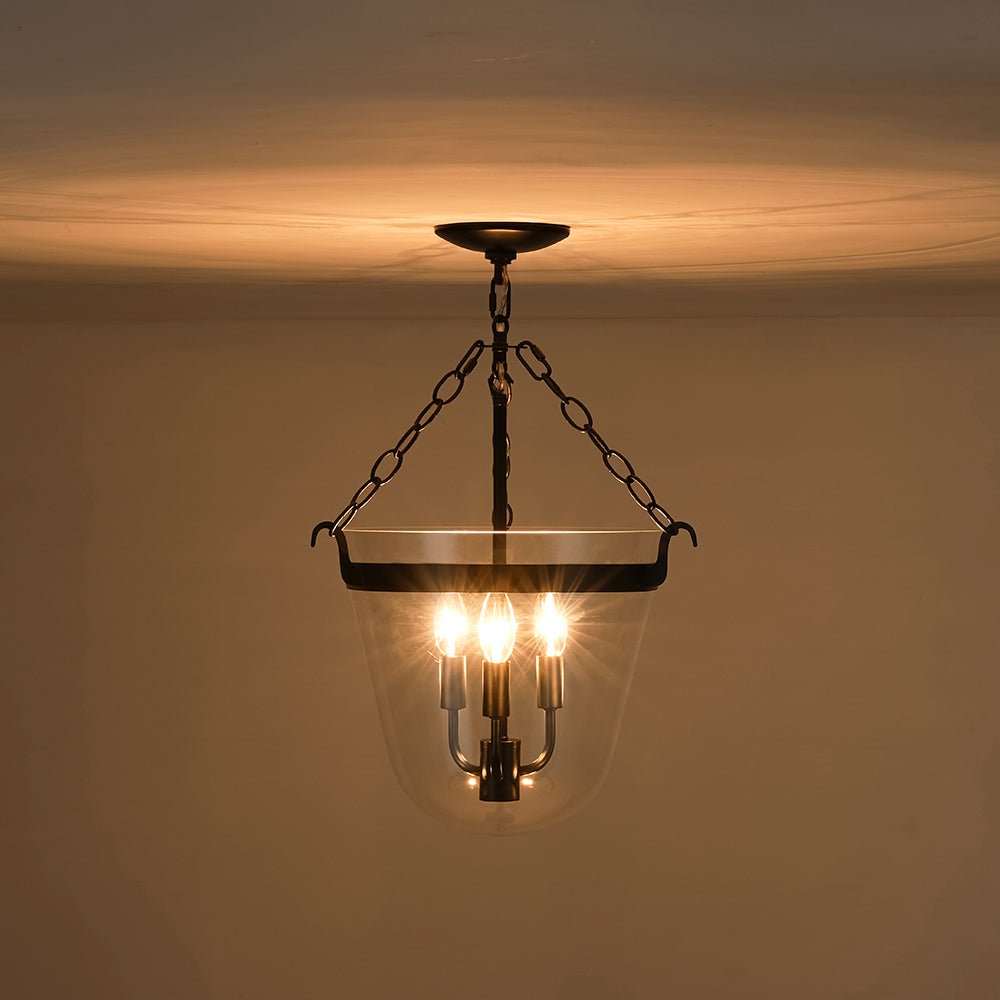 3-Light Country Clear Urn Glass Lantern Pendant, Dimmable, Height-Adjustable, Black Finish