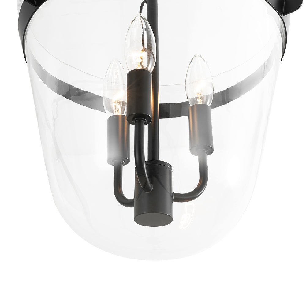 3-Light Country Clear Urn Glass Lantern Pendant, Dimmable, Height-Adjustable, Black Finish