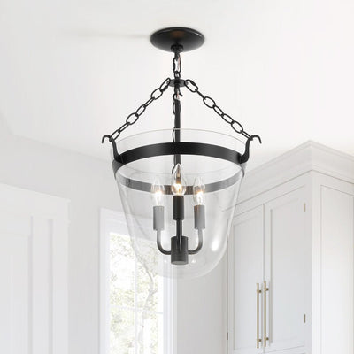 3-Light Country Clear Urn Glass Lantern Pendant, Dimmable, Height-Adjustable, Black Finish