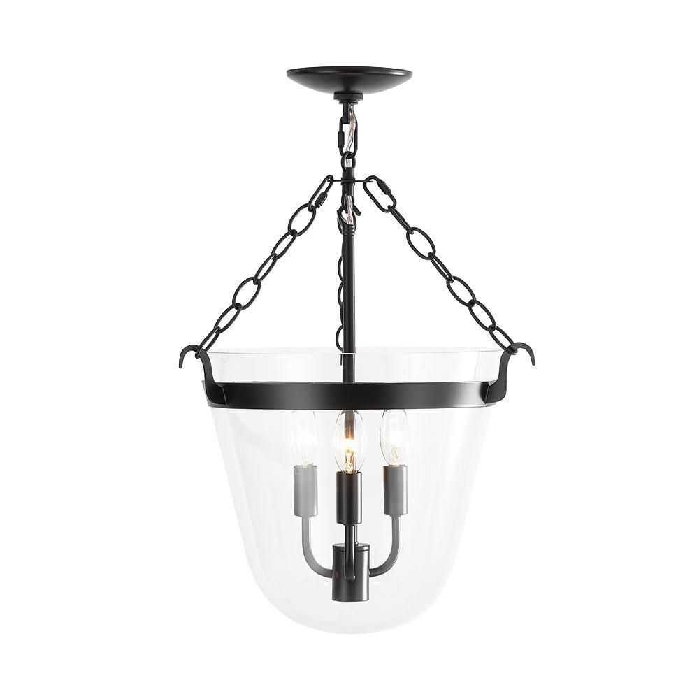 3-Light Country Clear Urn Glass Lantern Pendant, Dimmable, Height-Adjustable, Black Finish