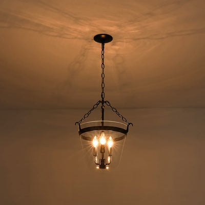 3-Light Country Clear Urn Glass Lantern Pendant, Dimmable, Height-Adjustable, Black Finish