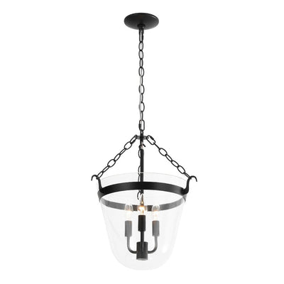 3-Light Country Clear Urn Glass Lantern Pendant, Dimmable, Height-Adjustable, Black Finish