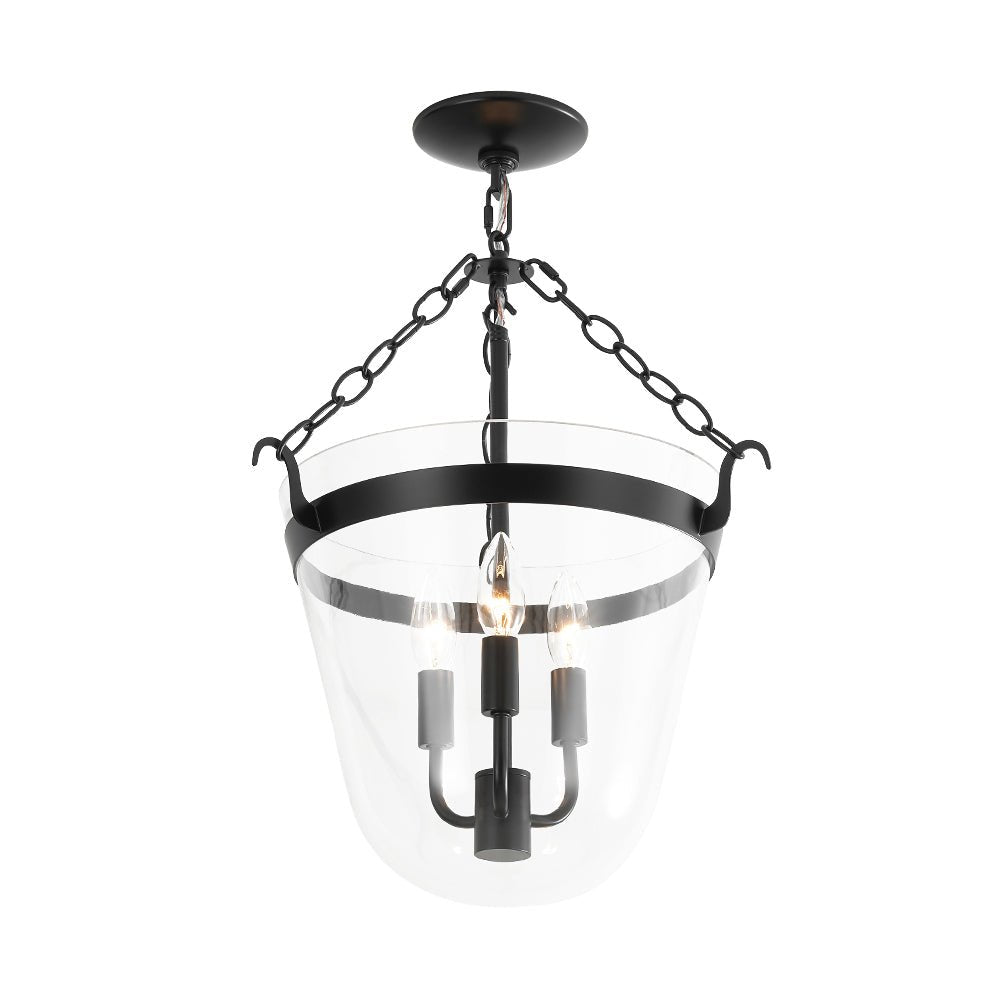 3-Light Country Clear Urn Glass Lantern Pendant, Dimmable, Height-Adjustable, Black Finish