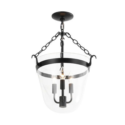 3-Light Country Clear Urn Glass Lantern Pendant, Dimmable, Height-Adjustable, Black Finish