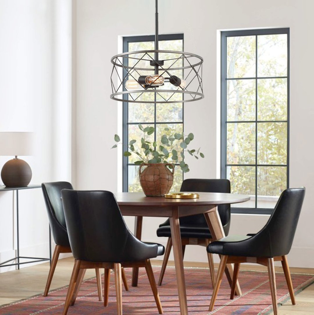 Industrial Farmhouse 3-Light Drum Cage Pendant Chandelier Adjustable Metal Ceiling Fixture