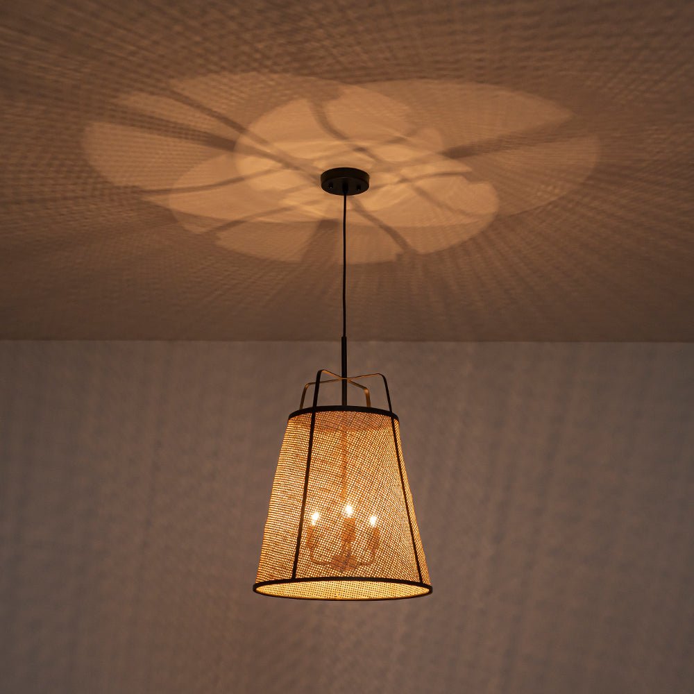 Natural Woven Bamboo 3-Light Farmhouse Conical Pendant Light Fixture, Dimmable