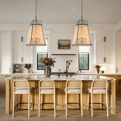 Natural Woven Bamboo 3-Light Farmhouse Conical Pendant Light Fixture, Dimmable