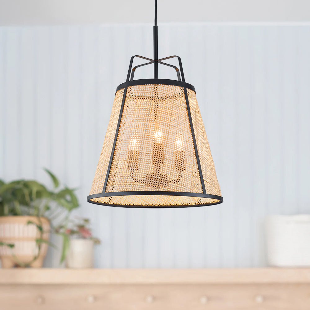 Natural Woven Bamboo 3-Light Farmhouse Conical Pendant Light Fixture, Dimmable