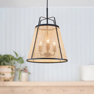 Natural Woven Bamboo 3-Light Farmhouse Conical Pendant Light Fixture, Dimmable